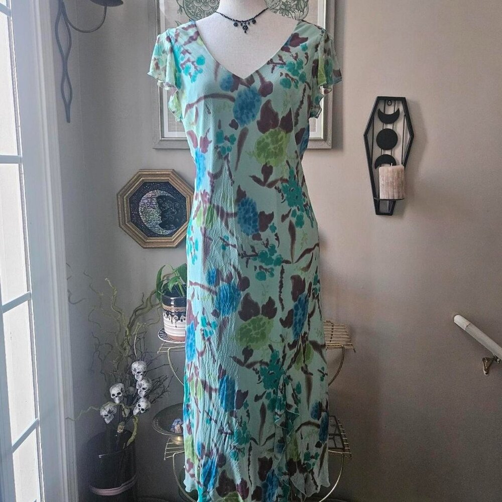 Jonathan Martin Studio 10 Floral Silk Midi Dress, Flutter Sleeves, Flowy Hem